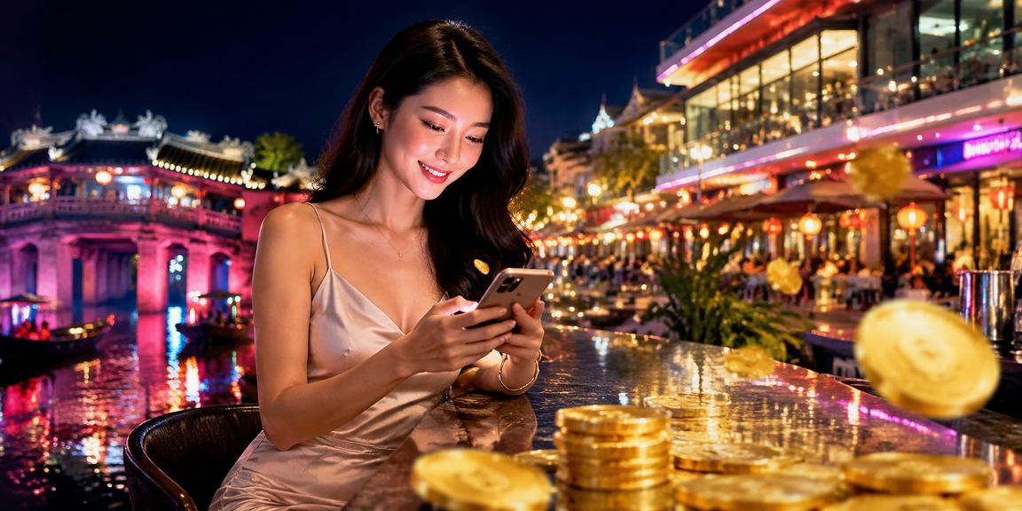 Người chơi tham gia slot game trong thị trường giải trí đêm Hội An